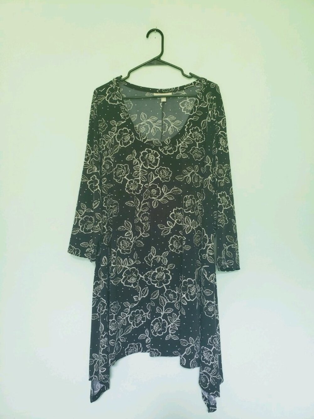 Woman Within Womens Plus 4X Long Tunic Top Black Floral Polka Dot Stretchy Flowy